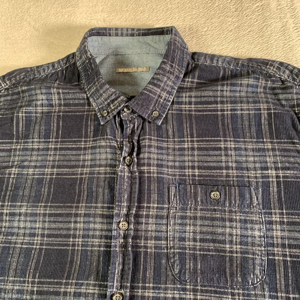Michael Bastian Shirt Mens 2XL Blue Plaid Corduroy Button Down Long Sleeve FLAW - Picture 3 of 13